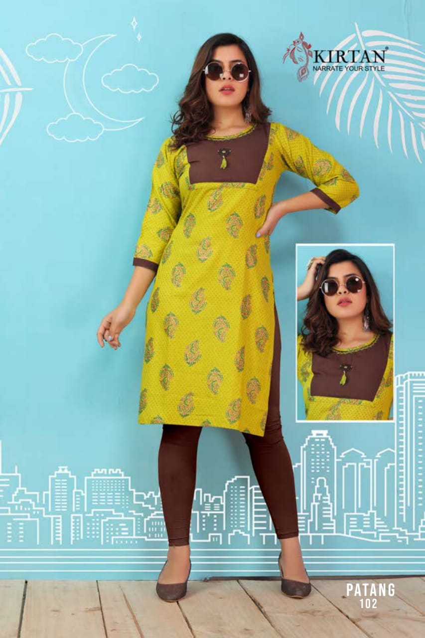 Kirtan Patang Rayon Printed Running Wear Kurti Wholesaler